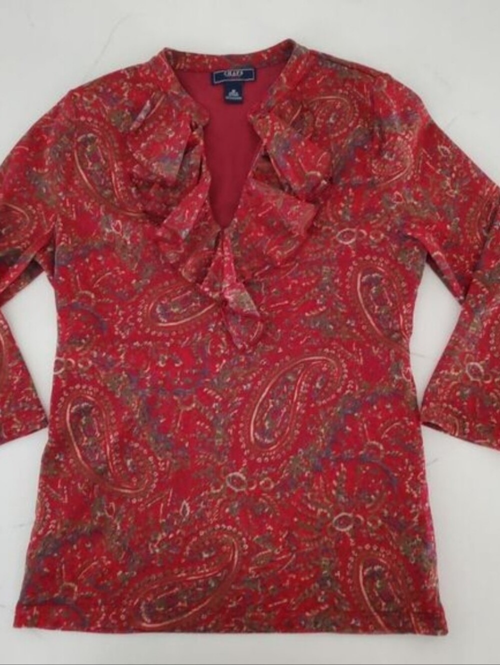 Chaps Women's Top Size Medium Red Green Paisley Romantic 3/4 Sleeve Blouse